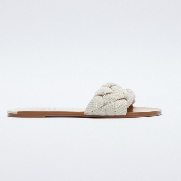 ZARA Pearl Detail Woven Slide Sandals - Picture 4 of 4